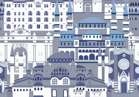 Istanbul City colorful vector seamless pattern. Monochrome blue colors. Famous Istanbul buildingのイラスト素材
