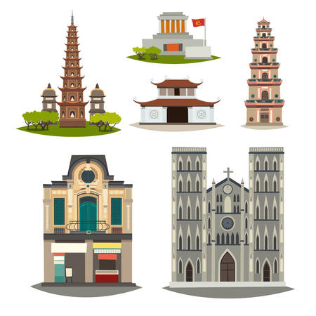 Vietnam vector building collection. Detailed pagoda, house, mausoleum cartoon illustration. Historical place cityscape isolated on white background. Architecture in the town, flat cartoon styleのイラスト素材