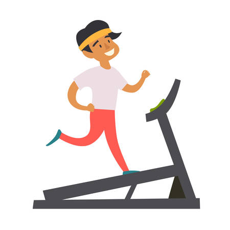 Young man running on a treadmill. Cardio in the gym. Happy athlete boy character cartoon style. Isolated vector illustration on white backgroundのイラスト素材