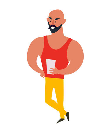 Muscular man trainer on white background vector illustration. Male character with notebook for workouts. Motivating people at the gym cartoon styleのイラスト素材