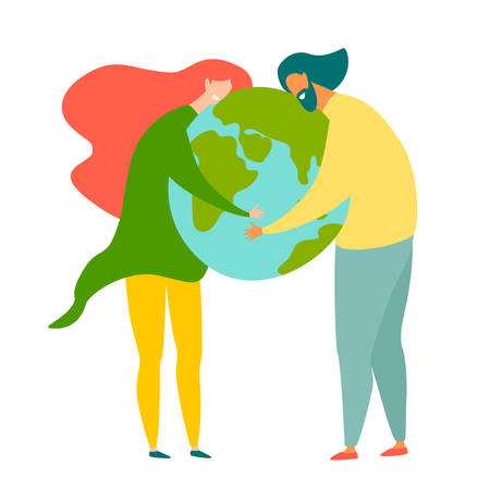 Man and woman taking care of Earth and saving planet vector illustration. Happy Earth Day International Holiday. Nature Protection, ecology support concept. Cartoon card isolated on white backgroundのイラスト素材