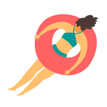 Woman swimming in the pool on rubber rings vector illustration. Girl swimming in the sea. Woman relaxes, summer holiday rest. Summer relax and outdoor activities. Flat cartoon style, isolated on white backgroundのイラスト素材