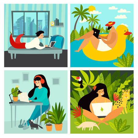 Freelancer people vector collection. Digital nomad characters, home office and tropical workplace. Work on travel lifestyle conceptのイラスト素材
