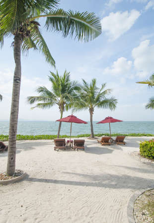 Vacation Image Of Beach Umbrella And Loungers On Tropical Beachの写真素材