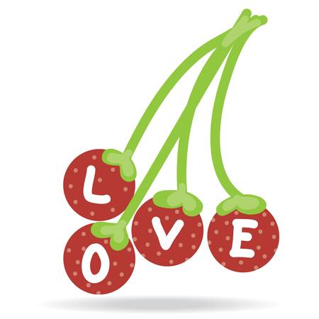 strawberry or cherry or berry fruits with love text, romantic conceptのイラスト素材