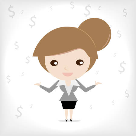Cute cartoon business woman talk about money with dollar sign backgroundのイラスト素材