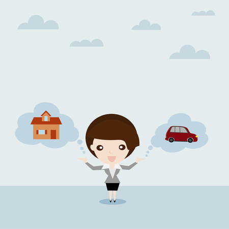 Dream for car and house, Business woman show car and house in cloud bubble  Chattel and Property  , Business concept cartoonのイラスト素材