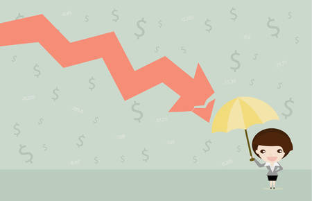 Loss protection, Business woman with umbrella in hand to protect red arrow, Business concept cartoonのイラスト素材