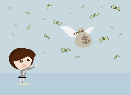 Fly away money, Business woman run to catch fly money bag, Business vector cartoonのイラスト素材
