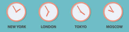 World time zone clock in New York, London, Tokyo, Moscowのイラスト素材