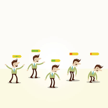 Concept Fully charged to exhausted business man with battery indicator.Vintage cartoon business vector design.のイラスト素材