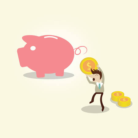 Business man saving gold coin in piggy bank. vector cartoon illustration.のイラスト素材