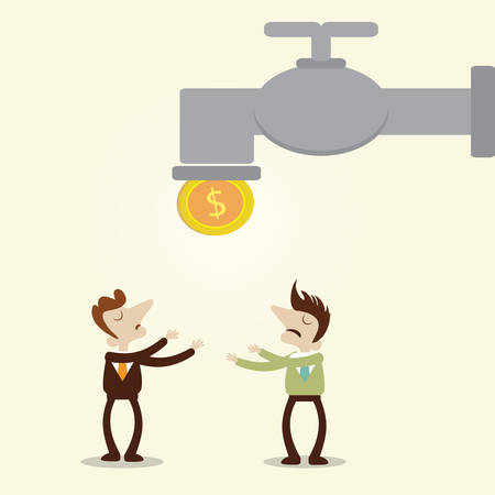 Businessman and the manager waiting coin drop from faucet.Vector cartoon design metaphorのイラスト素材
