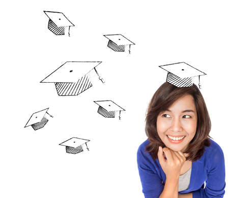 Asian woman thinking about graduate hat and happy in casual clothes.