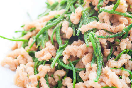 Vegetarian dish, Fried green Acacia pennata with granule soy protein.の写真素材