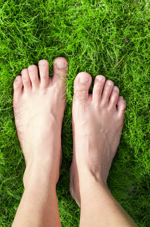 Woman feet walk over green grass.の写真素材