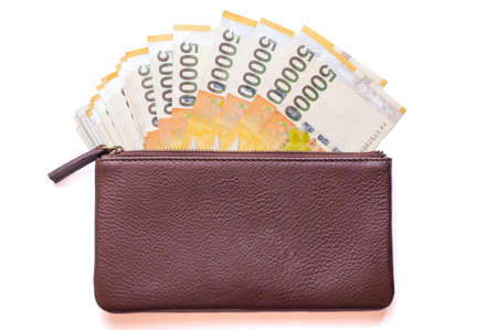 Korea Won currency notes in leather walletの写真素材