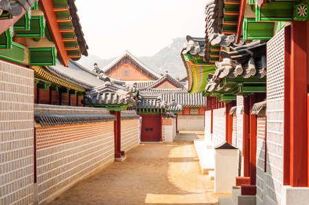 Traditional Korean architecture at Gyeongbokgung Palace in Seoul, South Korea.のeditorial素材