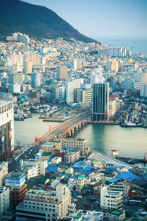 Downtown cityscape of Busan with evening sunlight, South Koreaのeditorial素材
