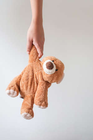 Woman holding brown bear.の写真素材