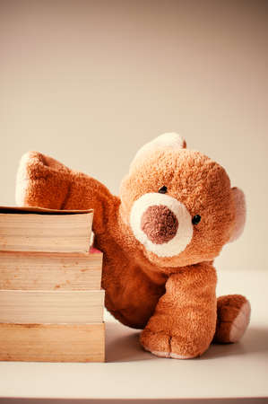 Cute bear doll with pile of books.の写真素材