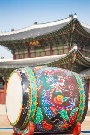 Korean traditional drum in front of the palace.の写真素材