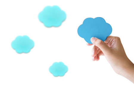 Hand holding blue cloud isolated on white background.