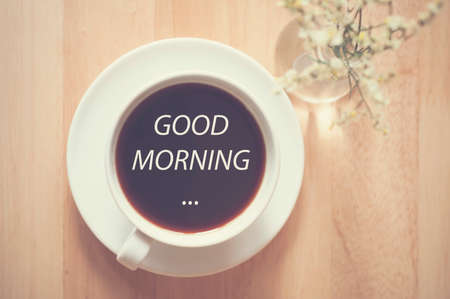 Coffee black espresso on wood table, vintage image processed.の写真素材