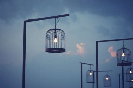 Bird cage decorated as outdoor light post. Vintage image processed.の写真素材