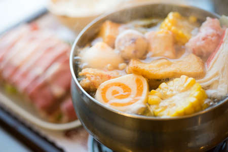 Japanese hot pot with delicious food ingredientの写真素材