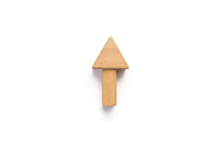 Up arrow isolated on white background. Wood block on white background.
