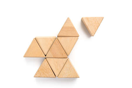 Triangle wood block arranging can use for business template or bullet or infographic. Wood block on white background.の写真素材