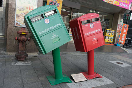 Taipei, Taiwan - March 03, 2016 : Leaning postboxes at Zhongshan district, Taipei. The boxes, two of 10,986 around Taiwan, gained fame after Typhoon Soudelor ripped across the island on August 8, 2015のeditorial素材