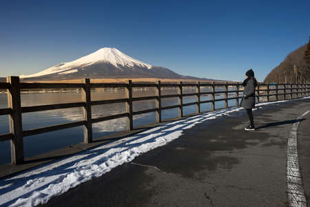 Mount Fuji in winter season at Yamanaka Lakeの写真素材