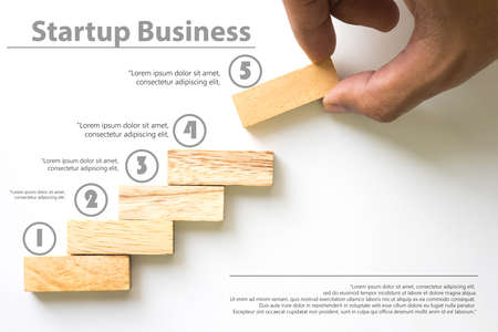 Wood block stacking as step stair. Business concept for growth success process with example text for use.の写真素材