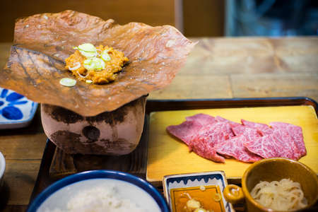Hida Miso Beef grill on Oba Leaf. Traditional HidaJapanese dining style.の写真素材