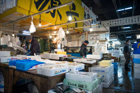 Tokyo, Japan - February 17, 2017 : Tsukiji Fish Market. The market is one of biggest fish market in the world.のeditorial素材
