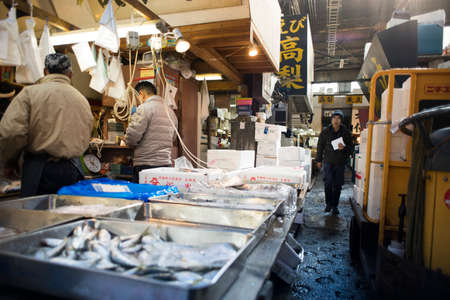 Tokyo, Japan - February 17, 2017 : Tsukiji Fish Market. The market is one of biggest fish market in the world.のeditorial素材