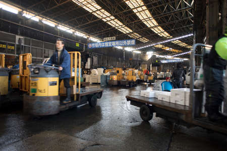 Tokyo, Japan - February 17, 2017 : Tsukiji Fish Market. The market is one of biggest fish market in the world.のeditorial素材