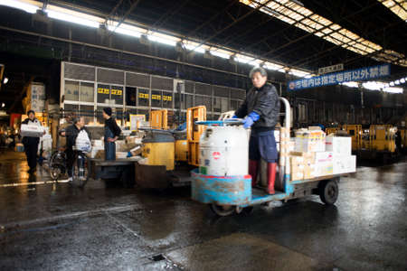 Tokyo, Japan - February 17, 2017 : Tsukiji Fish Market. The market is one of biggest fish market in the world.のeditorial素材