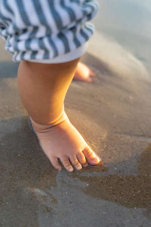 Baby feet on wet beachの写真素材