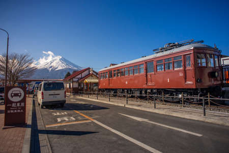 Yamanashi, Japan - Fevruary 14, 2017 : Mount Fuji at Kawaguchigo Station.のeditorial素材