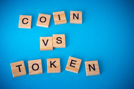 ICO on wood. Initial coin offering conceptの写真素材