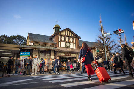 Tokyo, Japan - February 18, 2017 : Busy Harajuku train station. Harajuku is known as a center of Japanese youth culture and fashion and shopping.のeditorial素材