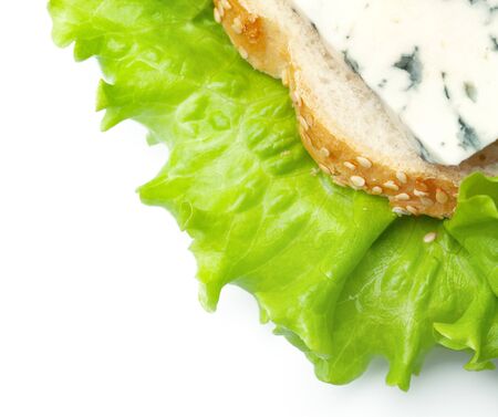 sandwich from bread and blue cheese on leaves of green saladの写真素材