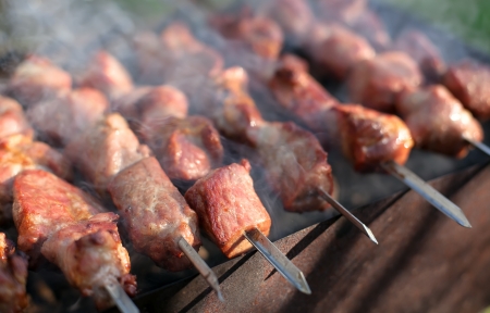 meat kebab cooking on skewersの写真素材