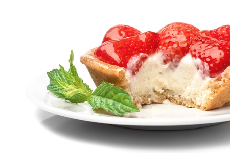 sweet basket with cream and strawberries, over white の写真素材