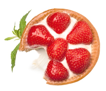 sweet basket with cream and strawberries, over whiteの写真素材