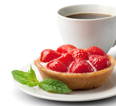 sweet basket with cream and strawberries, over whiteの写真素材