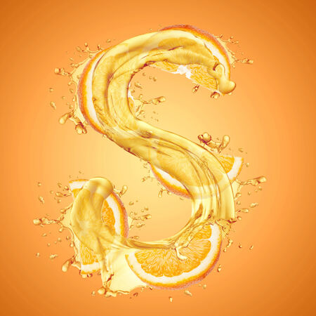 Water splashes and oranges slice letter "S"  on color backgroundの写真素材
